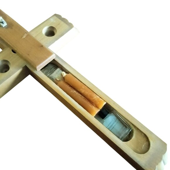 Antique Wooden Wall Crucifix With Hidden Compartment Candles Holy Water Bottle - Picture 6 of 16